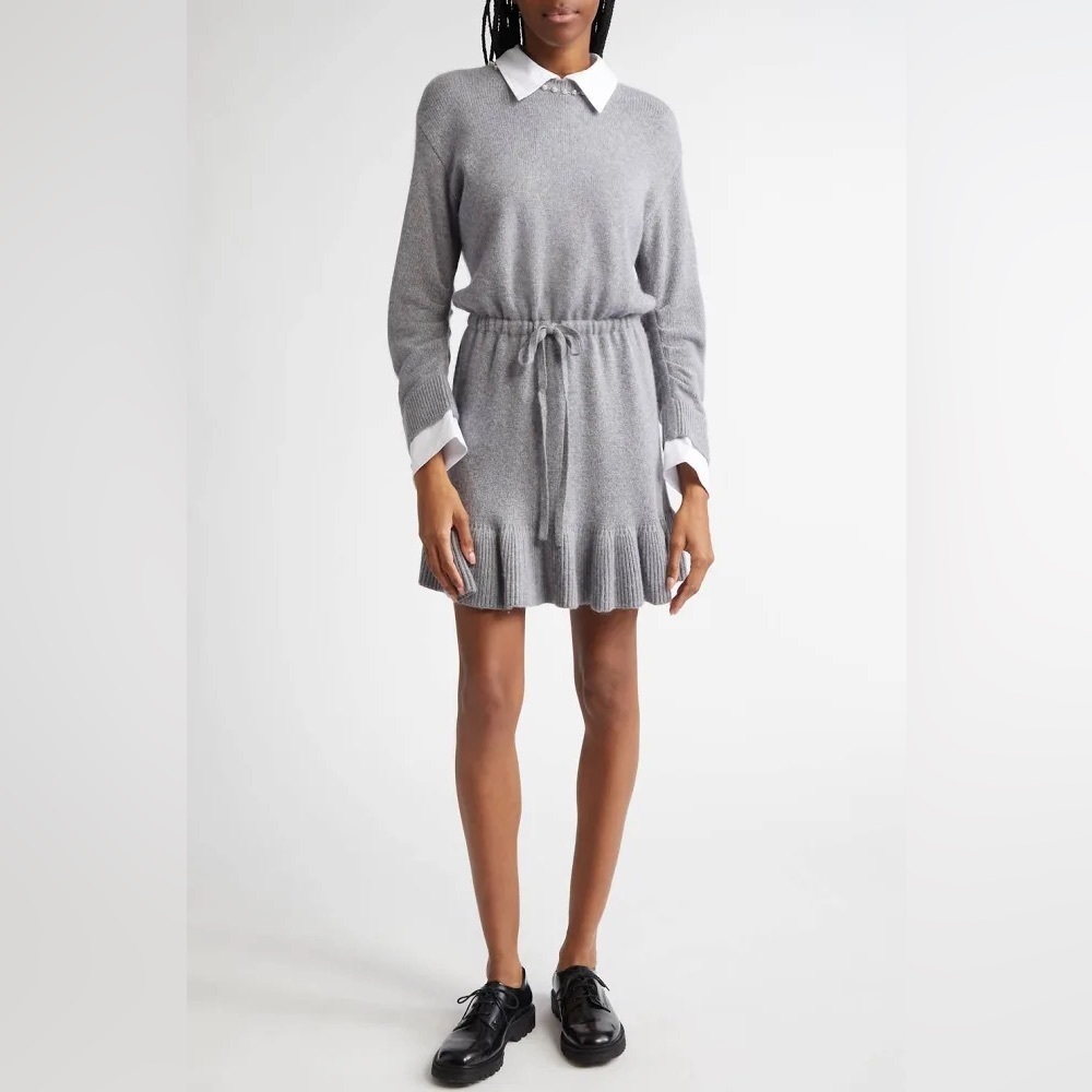 cinq a sept Gray Knit Sweater Dress with White Collar & Cuffs - Picture 2 of 14
